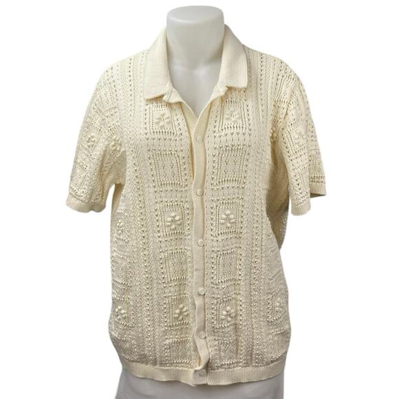 Old Navy Cream White Crochet Short Sleeve Button Polo Cardigan Sweater Top XXL - Picture 1 of 5